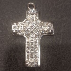 RARE SILVER CHRISTIAN CROSS PENDANT W DIAMONDY CRYSTALS -Wow! Handmade? BLING